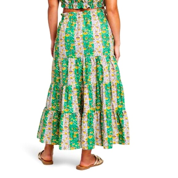 RHODE target Whimsical Green & Yellow Floral & Stripe Print Ruffled Midi Skirt - Picture 2 of 15